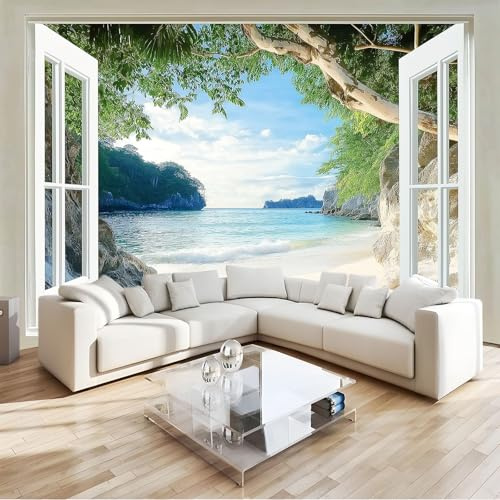 Générique Papier Peint Panoramique Vue La Fenêtre Sur La Plage Tropicale Intissé Tapisserie Photo, 3D Poster Géant Mural 250 X 175 Cm Pour Salon Chambre Chambre D'Enfants Décoration Murale Vert
