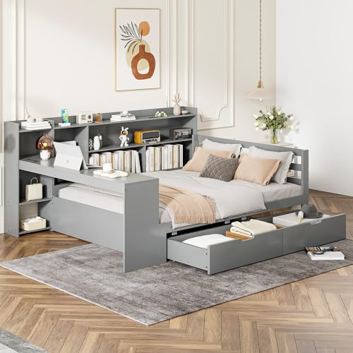 Letto da giorno 140 x 200 cm Multifunzione con presa USB Scrivania 2 Cassetti Libreria Scomparti e Ripiani Letto in Legno massello con Rete a Doghe, Grigio con Cassetti, 140 x