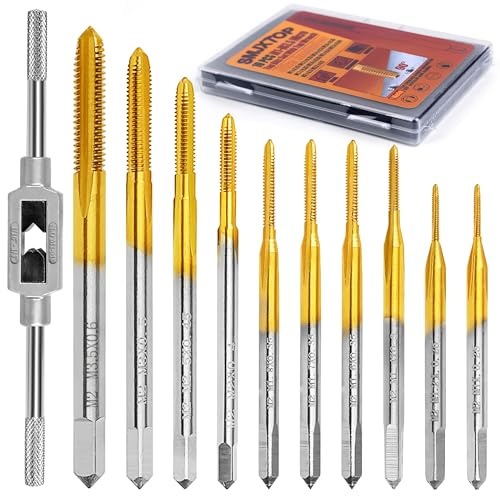 SMJXTOP 10pcs Micro Metric Taps Bits Set with 1Pc Tap Wrench,M1-M3.5 Mini Machine Screw Tap Set, Small Thread Screws Tapping Bits Tool