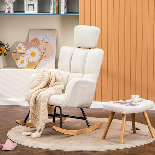 Comhoma Fauteuil à bascule avec tabouret, fauteuil relax en peluche de style oreillette, fauteuil à bascule pouvant supporter jusqu'à 150 kg, chaise longue de jardin pour la chambre à coucher, le