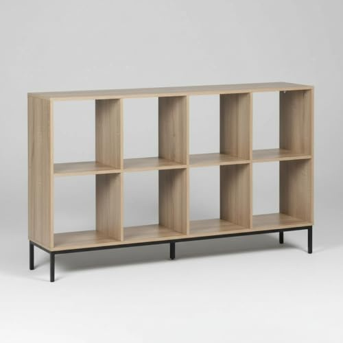 MOBLEKIT | Estantería Cubo 8 Compartimentos 118×29×72 cm, Estantería de Madera con Patas Metálicas, Librería Baja de Almacenaje con Baldas Amplias, Mueble Auxiliar para Salón, Dormitorio o Despacho