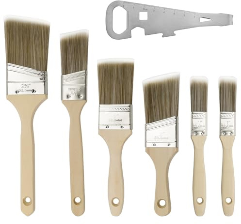 QGGTQG Malerpinsel Set 7 Stück Hochwertiger Lackierpinsel 25mm 38mm 50mm 64mm Lasurpinsel mit Holzgriff Lackpinsel Flachpinsel & Winkelpinsel Pinselset klein mit Farbdosen Öffner für Lacke, Farbe