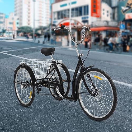 Gdetnysty 26 tums trehjuling klassisk cykel vuxencykel med 6 växlar växel skivbroms justerbar sits stor korg 120 kg lastkapacitet för seniorer kvinnor män shopping fritid 165–185 cm