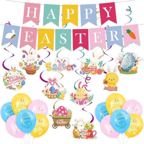 Easter Party Decorations Kit – Happy Easter Banner, Hanging Swirls & Balloons Set | Vibrant Bunny, Chick & Egg Themed Supplies for Easter Celebrations, Home, Garden & Kids Parties