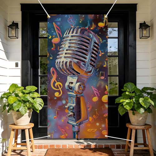 arricraft 1 pièce housse de Porte en Polyester à 72.83X35.43 Fond Décoratif Vintage à Motif Microphone Bannière Panneau de Porche Arrière Plan Photo pour Fête Décoration Intérieure et Extérieure
