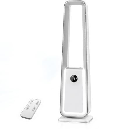 ThomP Ventilatore a Torre Senza Pale – Funzionamento Silenzioso, 24 Velocità, 3 Modalità, Oscillazione 75°, Timer 12H, 4 Colori LED, Telecomando per soggiorno, ufficio e camera
