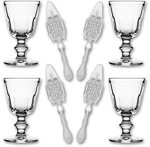 4X La Rochere Absinth Glas Perigord 190 ml + 4X Absinth Löffel Antique