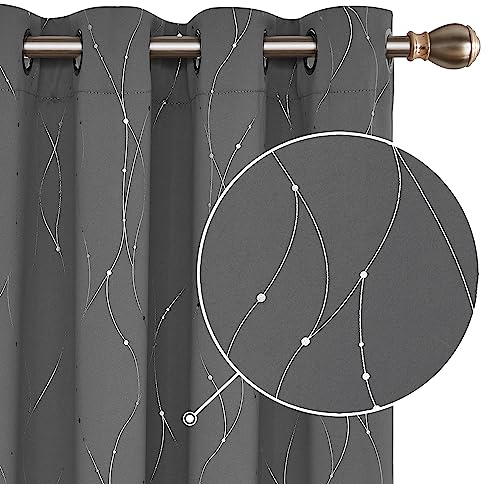 Deconovo Home Decoration Dotted Line Foil Printed Blackout Curtains Energy Saving Thermal Insulated Eyelet Room Darkening Curtains for Doors 66 x 54 Inch Grey 2 Panels