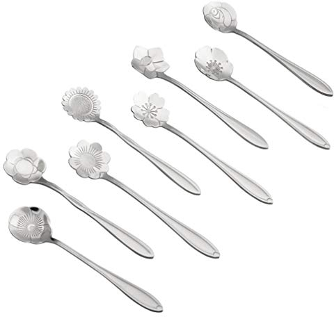 Garneck 8Pcs Cucchiaini da tè Fiore Cucchiaio Turco Cucchiaio da Dessert in Acciaio Inox Cucchiai da Yogurt a Forma di Fiore Scoop Set per Bambini Ragazze Ragazzi Scuola Domestica