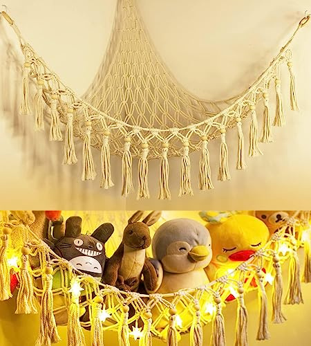 Stuffed Animal Toy Storage Hammock with LED Light - Macrame Jumbo Doll Corner Stuff Animals Organizer Decorations - Cute Hanging Plushie Net Kids Baby Nursery Bedroom Room Decor