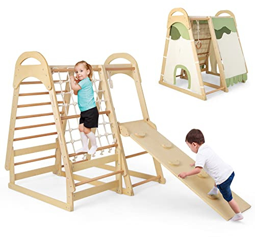 COSTWAY Kids Climbing Frame, Wooden Playground Jungle Gym with Slide, Climbing Net/Ladder, Monkey Bars and Gymnastic Rings, Indoor Climber Playset for Toddlers