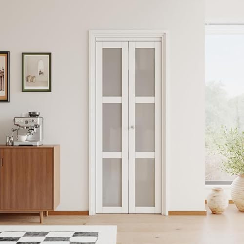 Bifold Door for 30x80 Opening, 3-Lite Tempered Frosted Glass, White