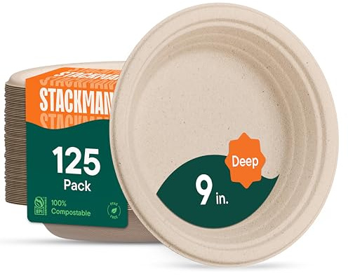 Deep Dish Paper Plates, Heavy Duty Disposable Dinner Plates [125-Pack] 9 Inch Plates - 100% Compostable Eco-Friendly, Biodegradable Sugarcane Bagasse, Natural Brown 9 Paper Plate Disposable