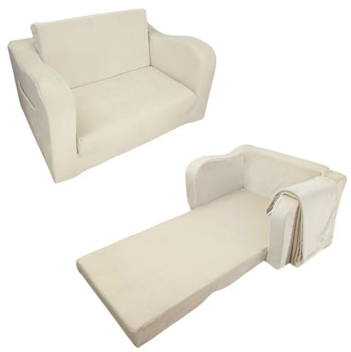Wonder Space Vor-montiertes Kinder Schaumsofa mit Decke, Kleinkind 2-in-1 Konvertierbares Sofa, Innen Zusammenklappbarer Lounger Stuhl & Klappbares Bodenbett für Jungen & Mädchen (Elfenbein)