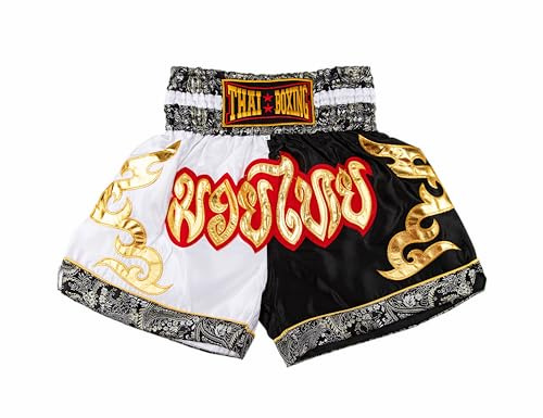 MMA Boxing Shorts Training Kickboxing Workout Clothing Martial Arts Trunks Muay Thai Shorts for Men Women Slim Cut (X-Large, White/Black)