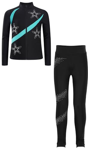 Manyakai Ensemble Veste et Pantalon Patinage Artistique Fille Enfant Patinage Sur Glace Ski Survêtement Gymnastique 5-14 Ans Bleu vert 11-12 ans