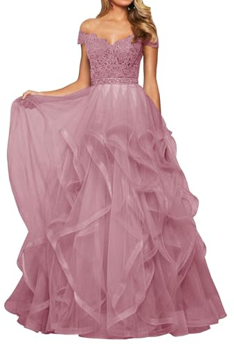 Abendkleid Tüll Lang Damen Spitzen Ballkleid Schulterfrei A-Linie Prinzessin Abschluss Ballkleider V-Ausschnitt Staubige Rose 52