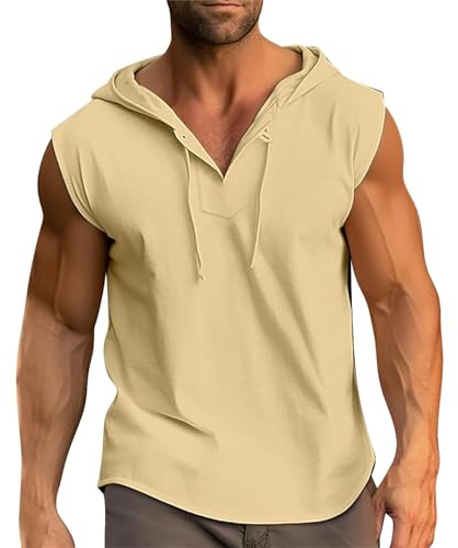 RUMAOZIA Camisa de lino para hombre, sin mangas, sin mangas, con capucha, algodón y lino, camiseta sin mangas, camiseta de tirantes de verano, camiseta de tirantes para hombre, camiseta ligera para