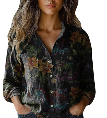Camicia Donna Estiva Elegante, Camicetta in Lino Curvy Camicia a Fiori Maniche Lunghe Moda Blusa Scollo a V Eleganti Camicie con Bottoni Stampa Floreale Allentato Bluse Shirts Casual Vintage Tops