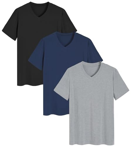 Latuza Men's Viscose Sleep Shirt Soft V-Neck Pajama Tops 3 Pack XL Black Deep Blue Light Gray