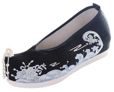 BJ-010 Nuages Vagues Brodées avec Chaînes de Perles Vintage Hanfu Chinois Chaussures Escarpins Ballerines Plates Noir, Noir , 39 EU Étroit