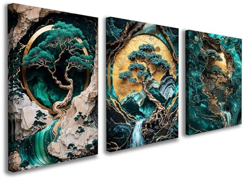 Set of 3 Framed Canvas Wall Art 12x16 Inch Landscape Tree and Waterfall Abstract Green and Gold Artwork Modern Wall Canvas Pictures for Living Room Bedroom Hallway Decoration with Hooks and MagicTape