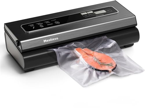 Mesliese Macchina Sottovuoto 90Kpa Precisione 6 in 1 Sistema di Conservazione degli Alimenti Sottovuoto, 2 Rotoli di Sacchetti e 5 Sacchetti Pretagliati, Modalità a Secco e Umido (grigio)