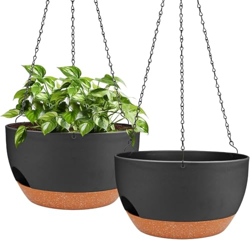 Frogetu 2 Pezzi Vasi da Appendere Ø24CM – Vasi Sospesi Autoirriganti in Plastica con Fori di Drenaggio e Sottovaso Rimovibile, Vasi da Fiori Sospesi per Interni ed Esterni