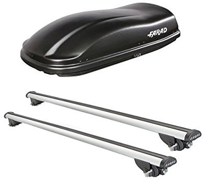 Farad FO49F30+AZ03030036 - Box da Tetto Marlin 400 LT Nero + Barre PORTATUTTO in Alluminio per Auto con Railing O MANCORRENTI
