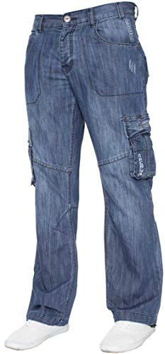 Enzo Herr Cargo Combat Jeans Byxor Ledig Arbete Denim Byxor Alla Midjestorlekar, Mid stentvättad, 38 SE