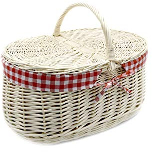 Korb Picknickkorb Stabiler Tragekorb mit 2 Deckeln aus Weide geflochten weiß mit Stoffeinlage K13-030-SDRW