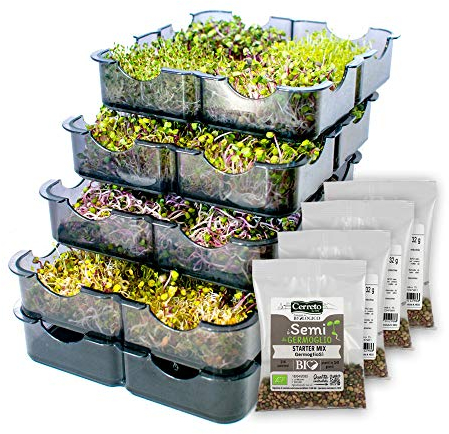 GermoglioSì Germogliatore De Luxe per Semi BPA Free + 4 Confezioni Mix di Semi (32gr.), Innovativo Multifunzione Brevettato a 5 vassoi