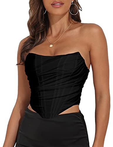 Women's Vintage Strapless Open Back Boned Mesh Bustier Zip Back Corset Bodyshaper Crop Top (Black, 2-4)