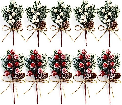 SDZHDMO 10pcs Christmas Artificial Red and White Berries Stems, Berries Picks Berry Branches Xmas Wreath Crafts Wedding Winter Home Decoration