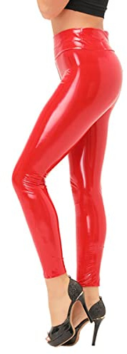 Skrsila Damläderbyxor stretch, skinny leggings, hög midja, konstläder, byxor, sexiga läderutseende, tights, treggings, röd, M