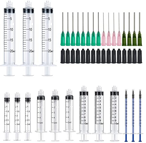 15-pack med 20 ml 10 ml 5 ml 3 ml 1 ml spruta med trubbiga nålar och lock– bläckolja eller limapplikator, bra för påfyllning och mätning av dispensering