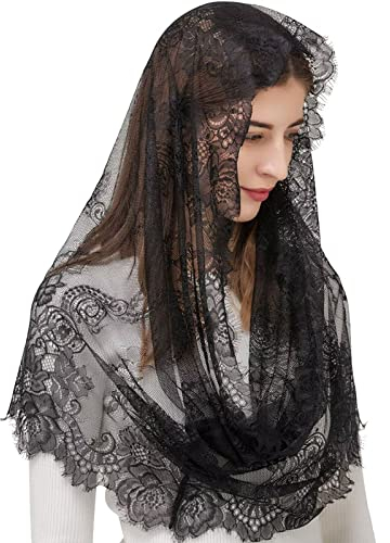 runrayay Schwarzer Spitzenschleier, Traditionelle Vintage-Inspirierte Unendlichkeitsform Im Spanischen Stil, Kirchenkopfbedeckung Lateinischer Schal Für Massenhochzeits-Brautjungfern