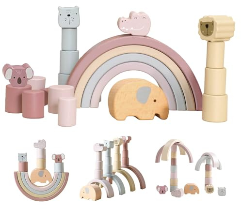 Smartwo Jeux Montessori en Bois Bebe 1 an, Jouet à Empiler Arc-en-Ciel Pastel, Bloc Motricité Fine Bébé, Jeu de Construction Enfant, Jeux Empilable Bebe, Cadeau Fille Garcon 1 2 3 Ans, 21PCS