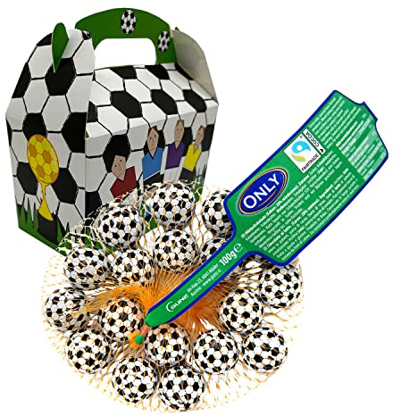 14 Schokofußbälle aus Milchschokolade I 85g I Fair Trade Kakao I plus eine Fußball-Geschenkbox aus Karton I Für Kindergeburtstage, WM, Geschenkset o. Mitgebsel
