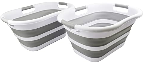 SAMMART Faltbarer Wäschekorb aus Kunststoff, 30 l, faltbar, Pop-Up-Aufbewahrungsbehälter/Organizer, tragbare Wäschewanne, platzsparender Wäschekorb/Korb (Weiß/Grau (2er-Set))