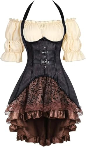 Jutrisujo Underbust Corset Long Top Khaki Chemises 3 Set Outfits for Femme Renaissance Pirates Gothique Halloween Violette 4XL