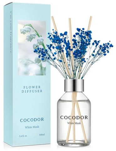 COCODOR Flower Reed Diffuser set / 100ml / White Musk/Scent Diffuser with Sticks Home Fragrance Reed Diffuser for Bathroom Shelf Decor