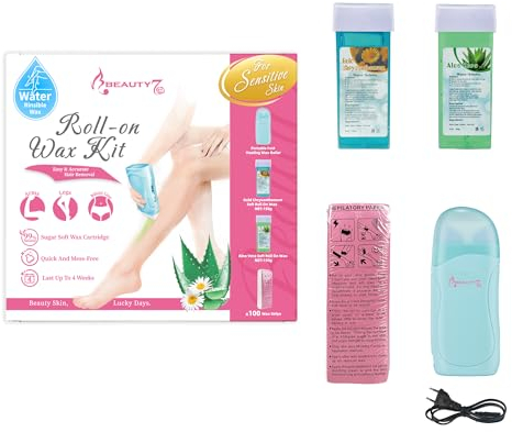 Beauty7 Elektrisches Warmwachsgerät Wachspatronen Set, 2 x Roll-on Wax Wachspatronen, Roll On Wax Roller, für die Haarentfernung im Achsel, Intim, Bein und Brustbereich mit 100 Vlies-Wachspapier
