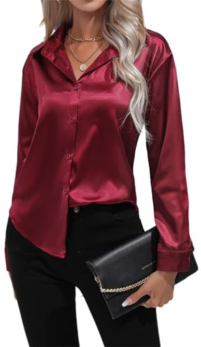 crazynekos - Blusa de moda con botones de seda satinada para mujer, camisa de manga larga, rojo vino, L