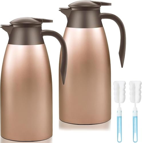 2 Pack 2L Thermal Coffee Carafe Jug, 68 OZ Rose Gold Stainless Steel Insulated Jug Tea Pot, Double Walled Vacuum Carafe Jugs for Coffee Tea Hot Water Hot Beverage (12+ Hrs Heat&24+ Hrs Cold Retention)