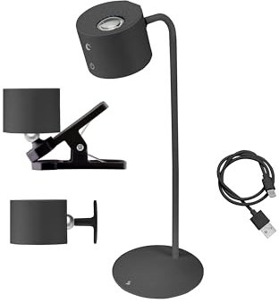 BEPER P201UTP304 Lampada Luminì con 3 funzioni, Lampada da tavolo, lampada con clip e accessorio da parete inclusi, Lampada Ricaricabile con cavo USB incluso, Accensione touch, Luce regolabile, Nera