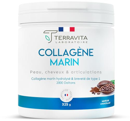 COLLAGÈNE MARIN Breveté en Poudre | 325 Grammes de Peptides de Collagène Purs de Type 1 | Articulations Souples, Peau Lisse et Hydratée | Goût Chocolat | Filière 100% Française | Terravita