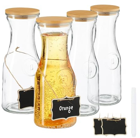 Relaxdays Wasserkaraffe, 4er Set, 1 Liter, Glaskaraffe mit Bambusdeckel, zum Beschriften, Wasserkanne, transparent/Natur
