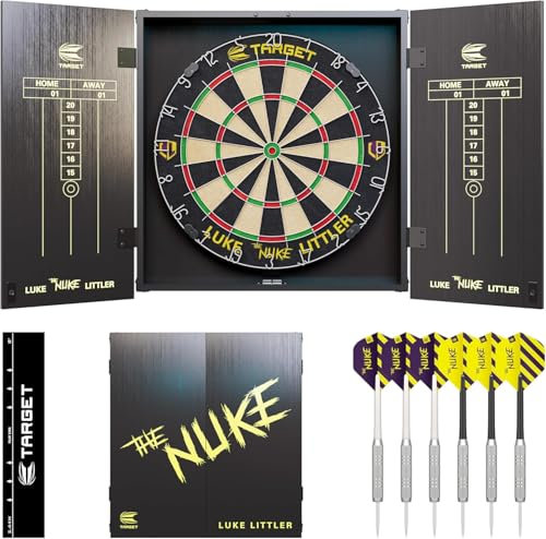 Target Darts Luke Littler Cabinet & Dartboard Set | Player Edition ‘The Nuke’ Dart Board Cupboard Set with 2 Sets of Steel Tip Darts, Score Charts, Competition Standard Throw Line