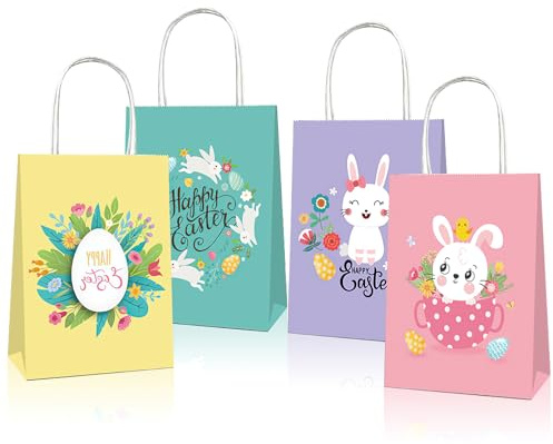 4 Pcs Easter Gift Bags, Easter Paper Bags, Party Favors Tote Rabbit Goody Candy Bag, Handled Paper Containers for Gifts Party Supplies, Themed Bunny Egg Basket Decorations